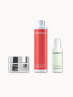 Paradigm 99 skincare products including body ceramide cream, super glow hydrating and moisturizing cream and peptide serum on a white background.