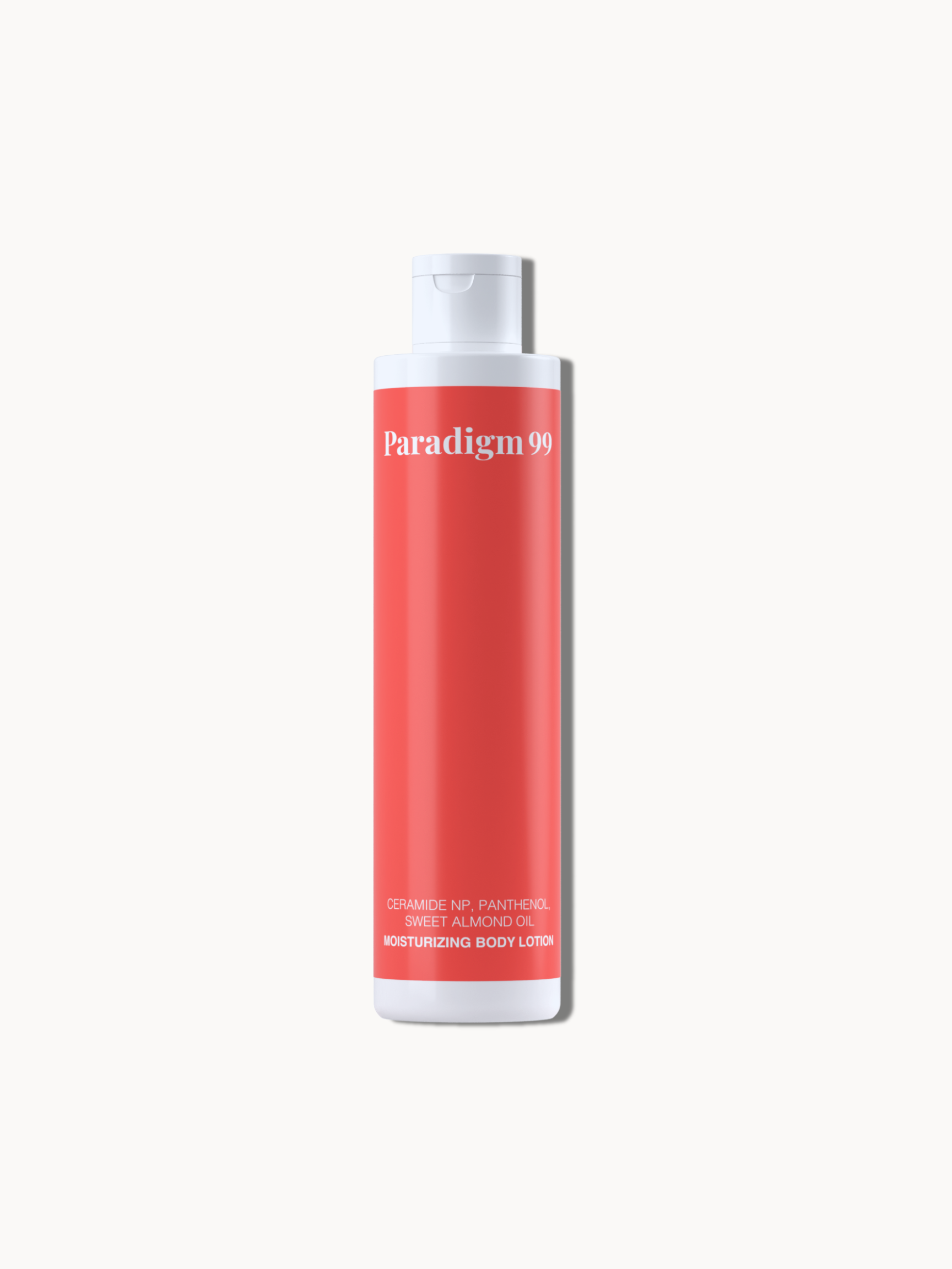 Red bottle with white cap labeled 'Paradigm 99' Moisturizing Body Lotion on a white background.