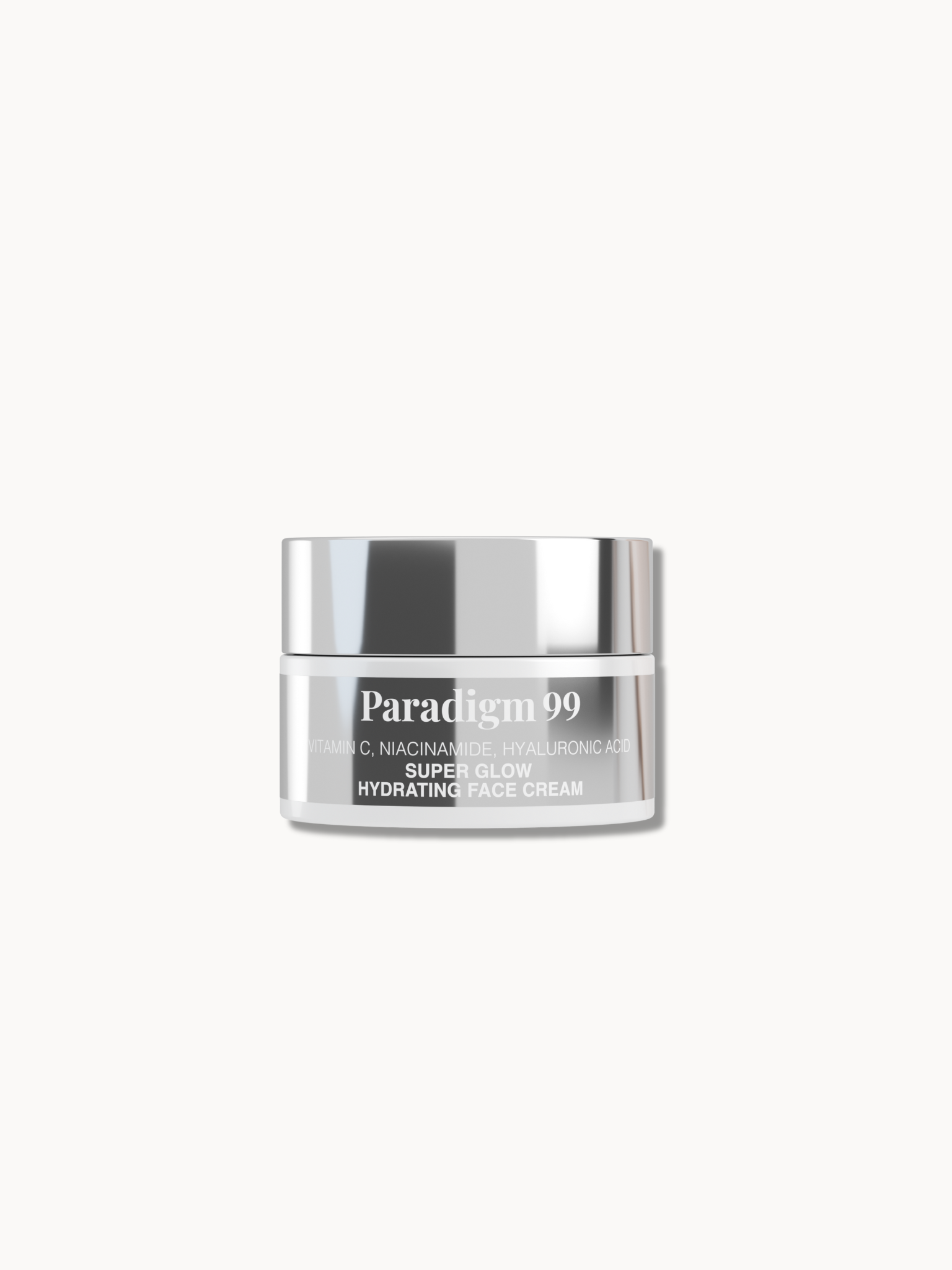Silver glass jar of Paradigm 99 Super Glow Hydrating Face Cream on a white background.