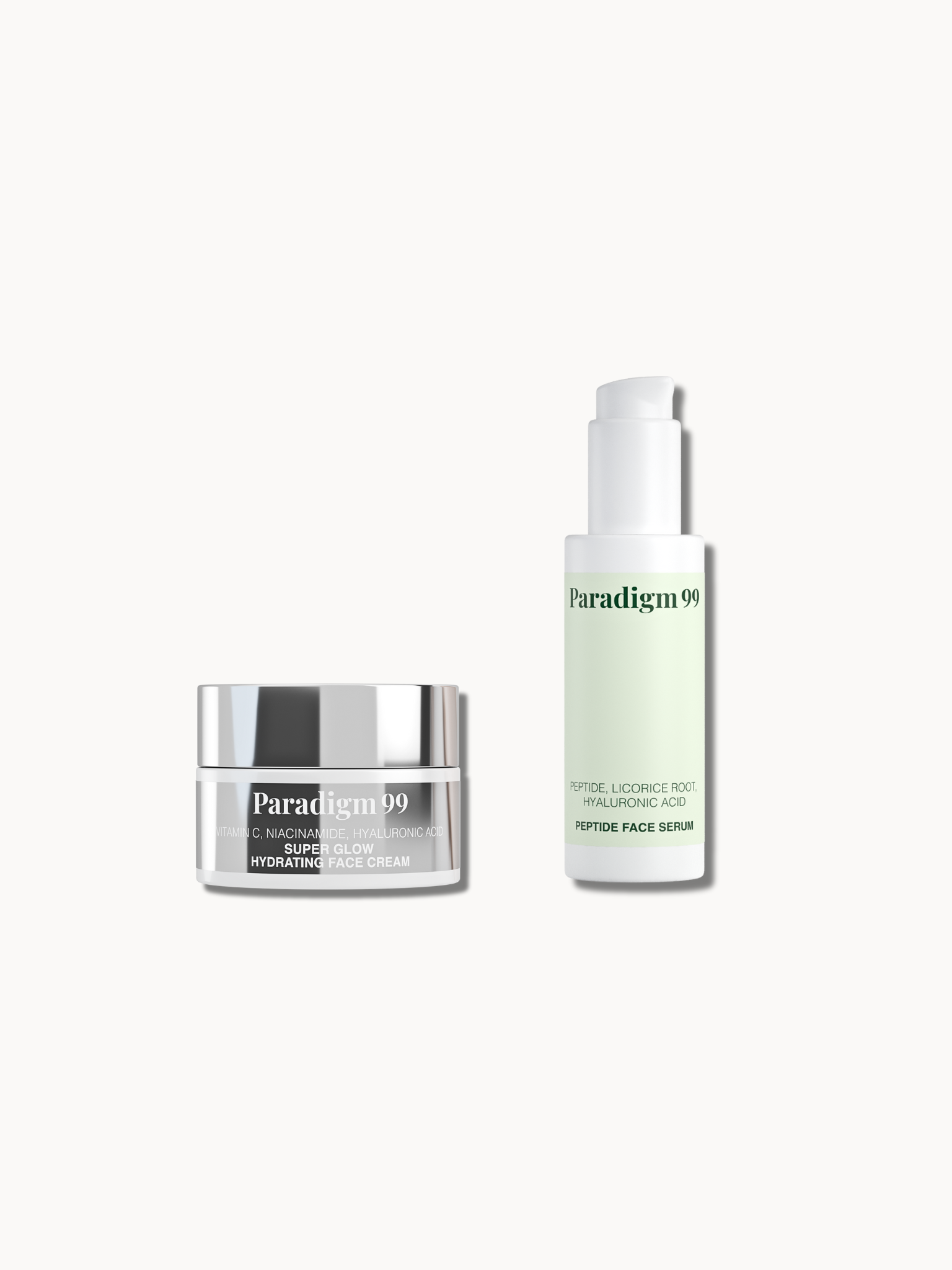 Two skincare products as a Super glow  Hydrating Face Cream and Peptide Face cream from the brand 'Paradigm99' on a white background. In glass packaging. Silver Jar and White bottle. 
